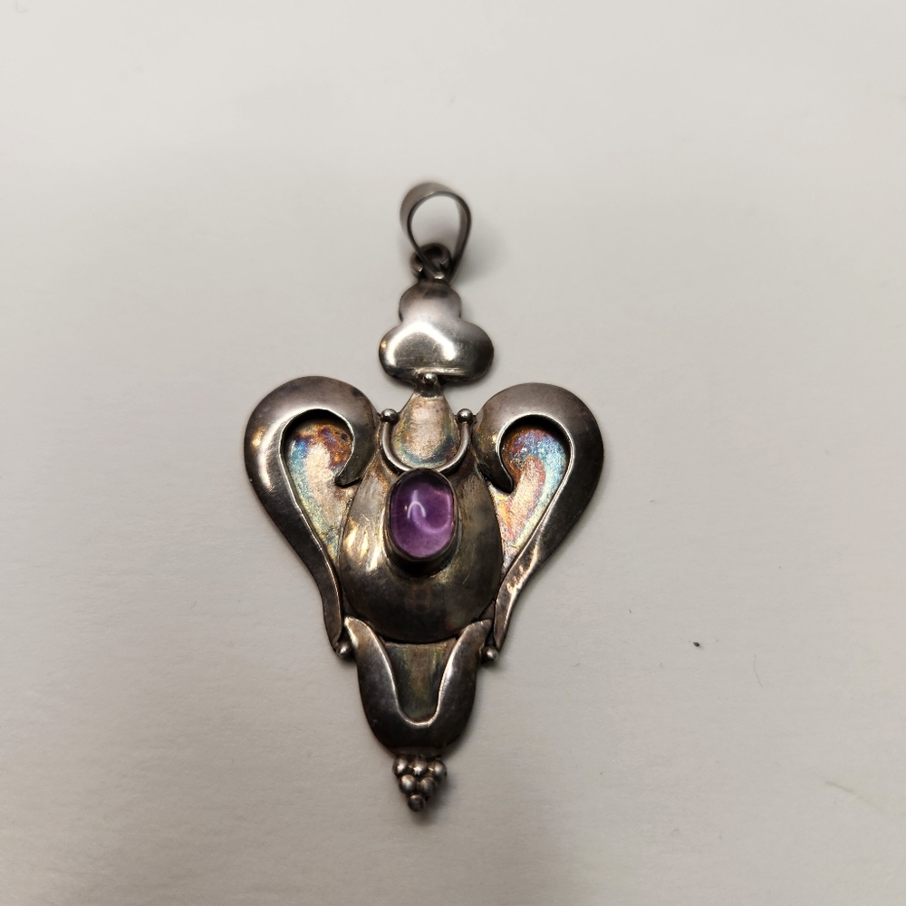 vintage art deco 925 sterling silver amethyst pendant mexican cabachone